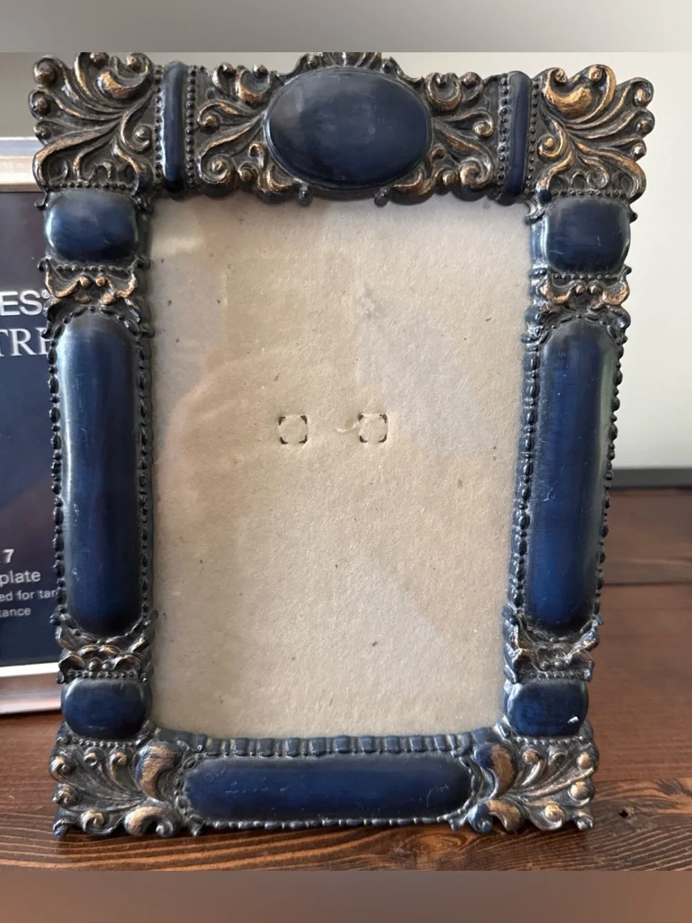 Vintage Ornate Photo Frame Grouping. Silverplate, Distressed Gold, Navy w/ Gold
